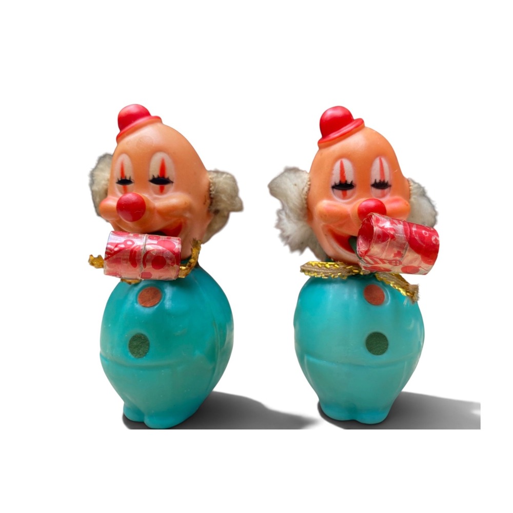 Vintage Clown Figurines Plastic Party Blower Mid-Century Blue Red 2pc Set